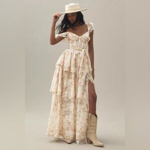 V. Chapman Jolie Corset Ruffle Lace Maxi Gown 12 NWT Anthropologie